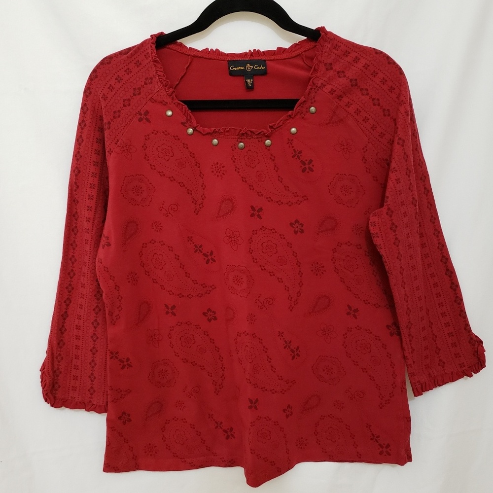 EUC CINNAMON & CINDER Floral Paisley Print Ruffled Brass Embellished Pullover - Picture 1 of 4